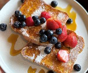 French toast with fresh berriers, VT maple syrup and powdered sugar at Schaefer's. 